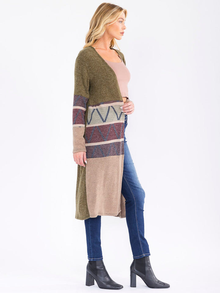 WOMEN'S LONG SLEEVE OPEN FRONT COLORBLOCK PRINTCARDIGAN