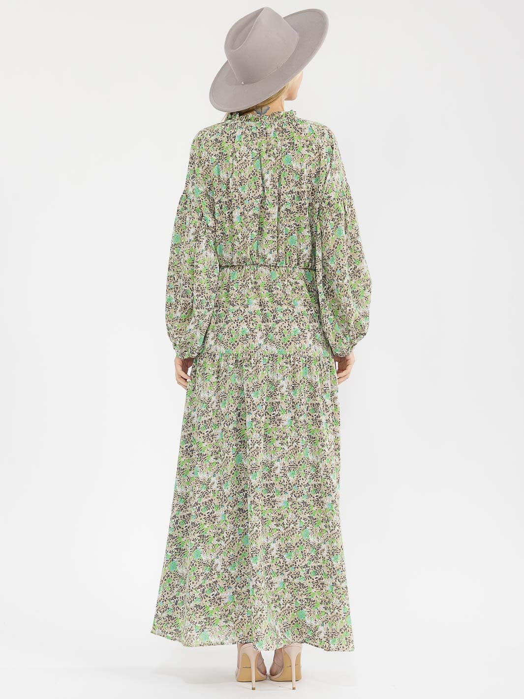 WOMEN'S LONG SLEEVES ELASTIC WAIST FLORAL PRINT MAXI DRESS