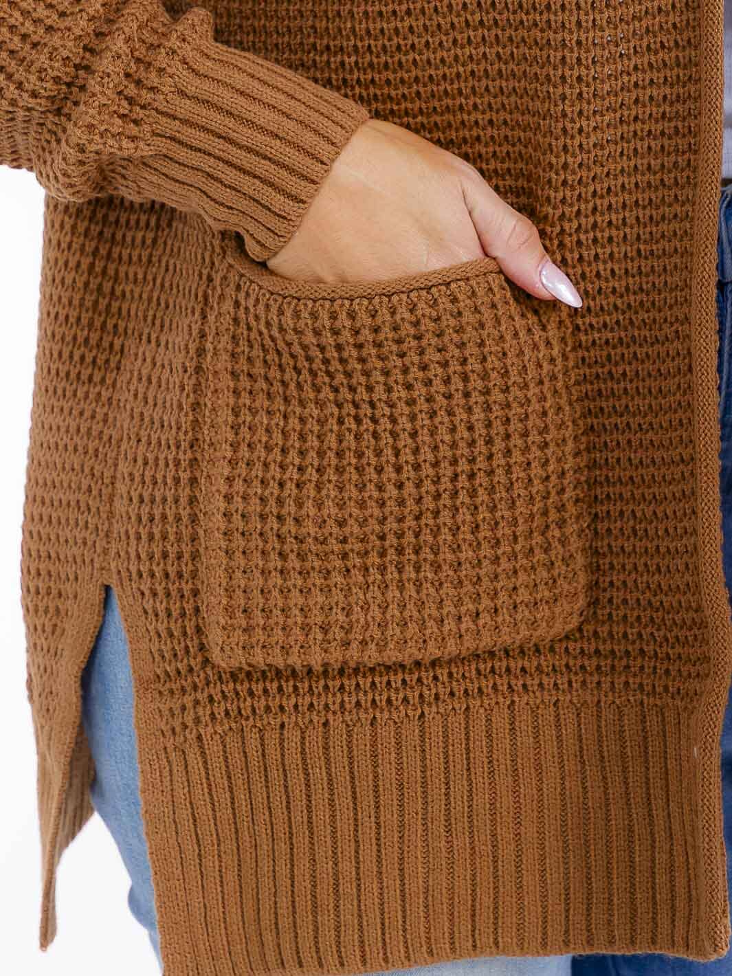 PLUS SIZE LONG SLEEVE FRONT POCKETS OPEN FRONT KNITTED CARDIGAN