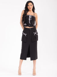 WOMEN'S SLEEVELESS TOP & BUTTON CLOSURE MIDI SKIRT SOLID BOWS 2PC. SET