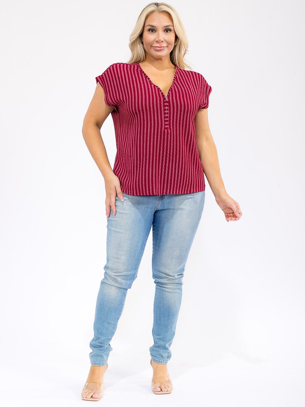 PLUS SIZE SHORT SLEEVE V-NECK ZIP UP STRIPES BLOUSE