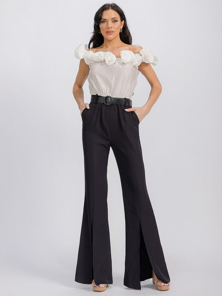 WOMEN'S OFF SHOULDER FRONT POCKETS BELTED FLOWER BELL LEG JUMPSUIT