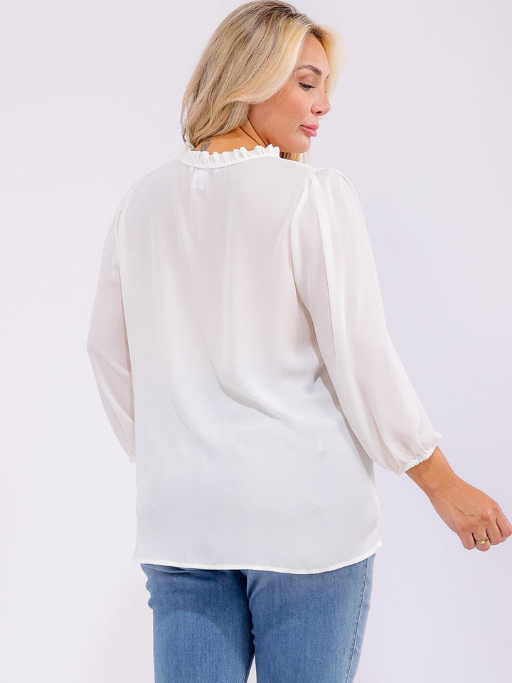 PLUS SIZE LONG SLEEVE V-NECK WOVEN BLOUSE