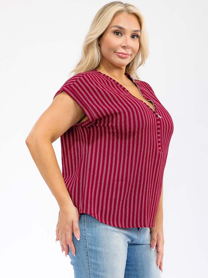 PLUS SIZE SHORT SLEEVE V-NECK ZIP UP STRIPES BLOUSE