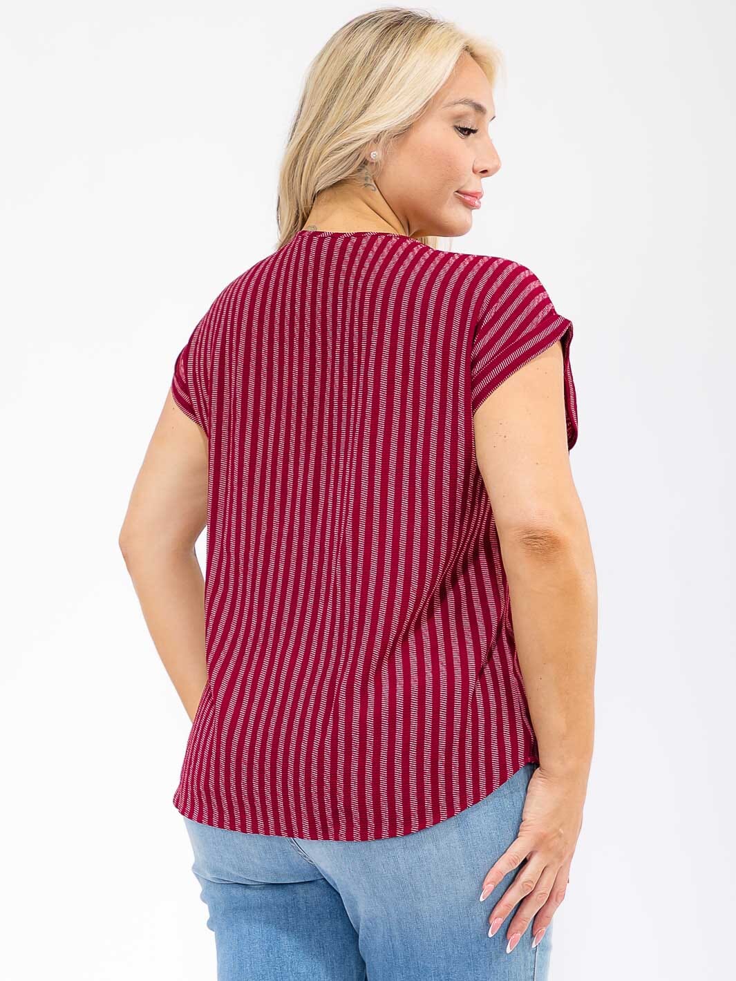 PLUS SIZE SHORT SLEEVE V-NECK ZIP UP STRIPES BLOUSE