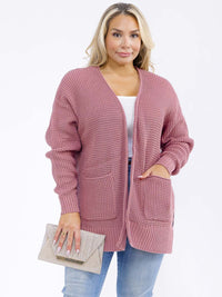 PLUS SIZE LONG SLEEVE FRONT POCKETS OPEN FRONT KNITTED CARDIGAN