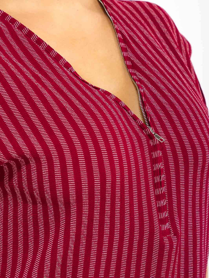 PLUS SIZE SHORT SLEEVE V-NECK ZIP UP STRIPES BLOUSE
