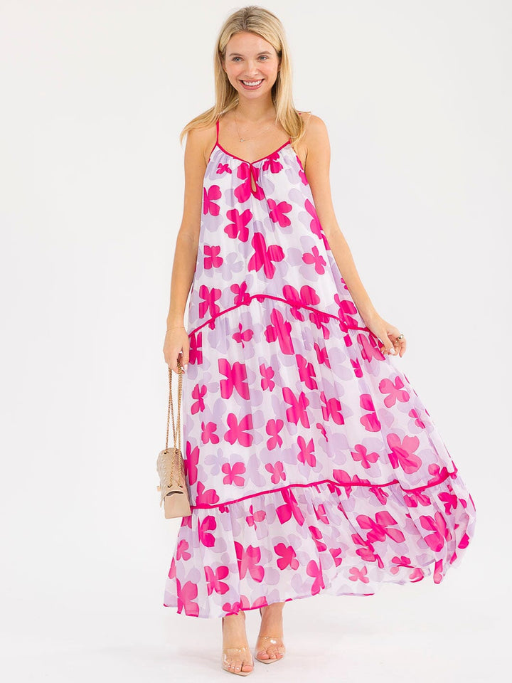 WOMEN'S SLEEVELESS OPEN BACK TIERED FLORAL PRINT MAXI DRESS