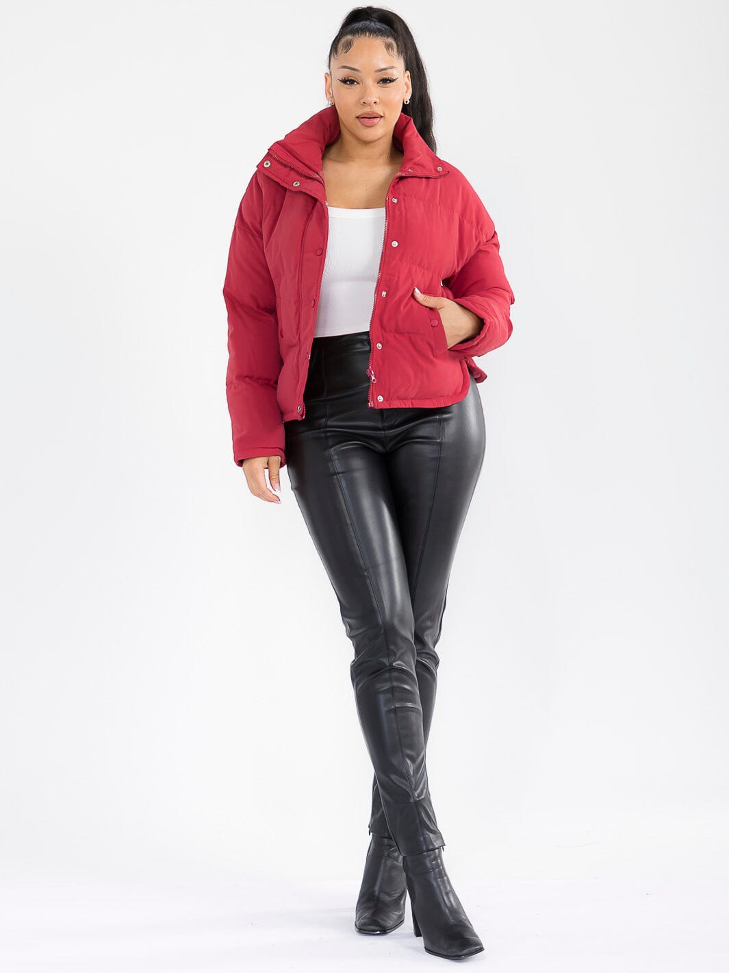 WOMEN'S LONG SLEEVE BUTTON CLOSURE FRONT POCKETS PUFFER JACKET