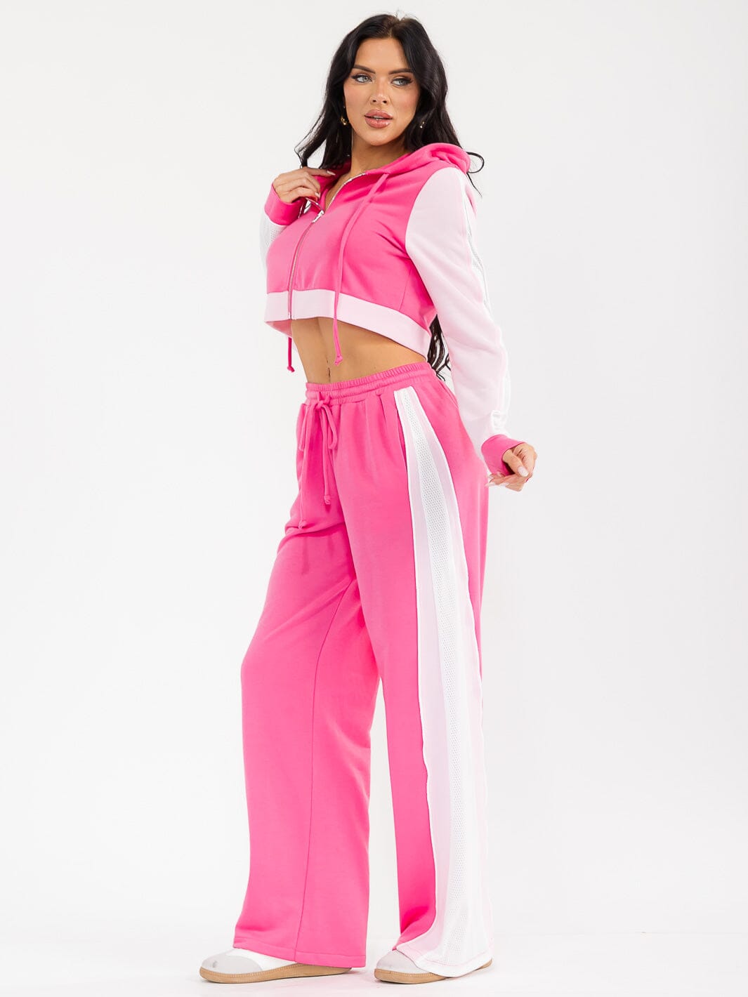 WOMEN'S HOODED CROP SWEATER & ELASTIC WAIST PANTS CONTRAST COLORBLOCK 2PC. SET