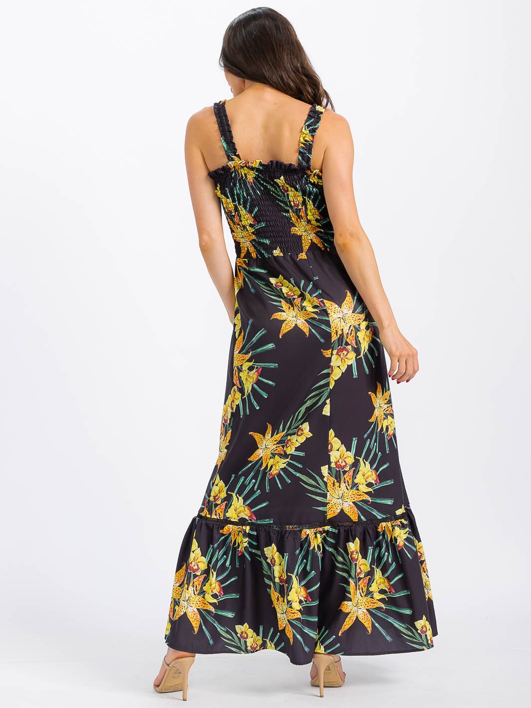 WOMEN'S SLEEVELESS SMOCK TIERED FLORAL MAXI DRESS