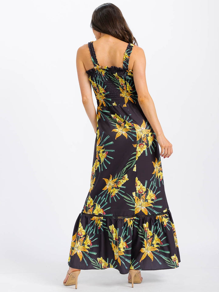 WOMEN'S SLEEVELESS SMOCK TIERED FLORAL MAXI DRESS