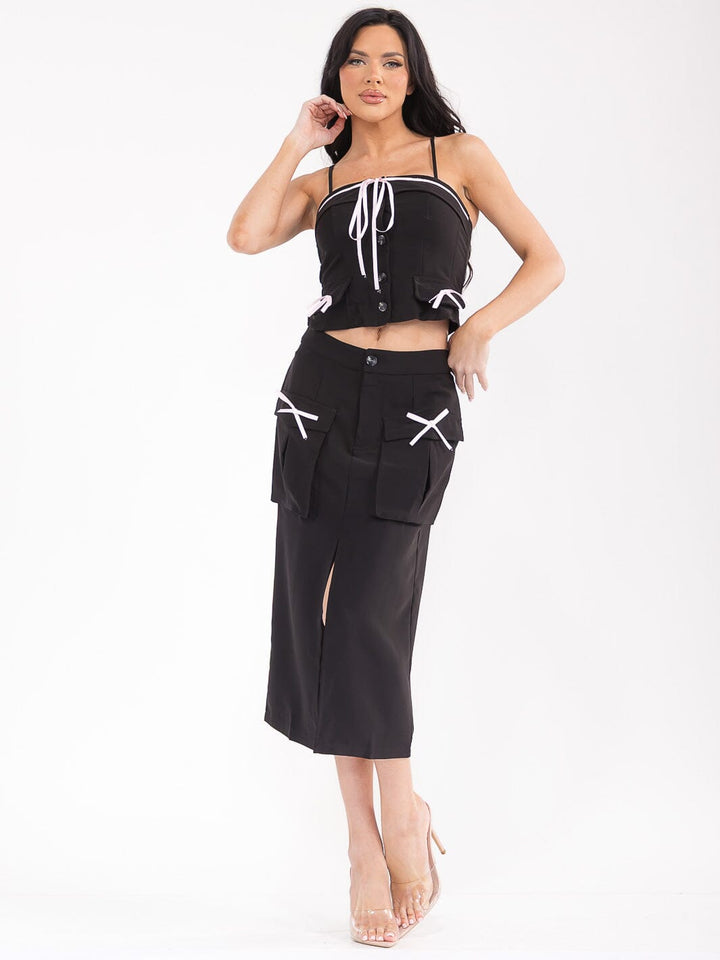 WOMEN'S SLEEVELESS TOP & BUTTON CLOSURE MIDI SKIRT SOLID BOWS 2PC. SET