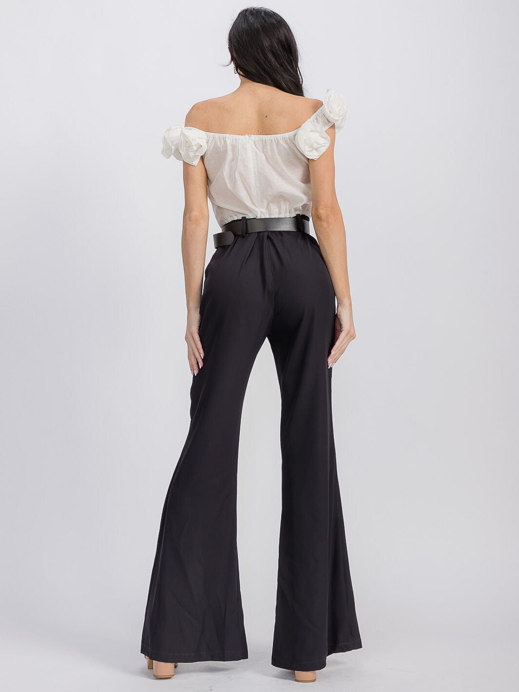 WOMEN'S OFF SHOULDER FRONT POCKETS BELTED FLOWER BELL LEG JUMPSUIT