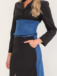 WOMEN'S LONG SLEEVE TOP & BUTTON CLOSURE MAXI SKIRT DENIM CONTRAST 2PC. SET