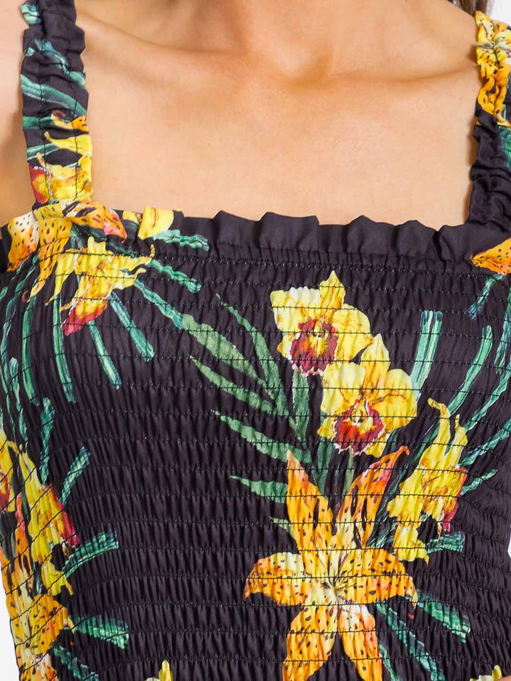 WOMEN'S SLEEVELESS SMOCK TIERED FLORAL MAXI DRESS