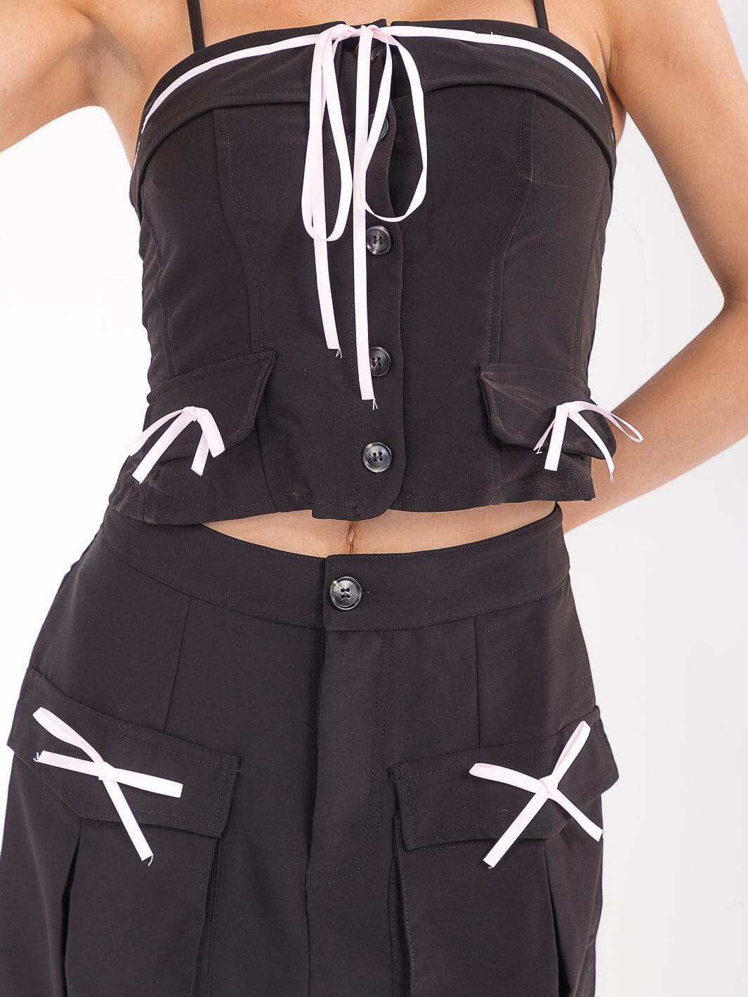 WOMEN'S SLEEVELESS TOP & BUTTON CLOSURE MIDI SKIRT SOLID BOWS 2PC. SET