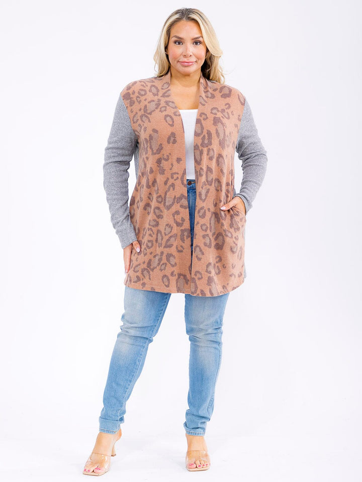 PLUS SIZE LONG SLEEVE POCKETS OPEN FRONT ANIMAL PRINT CARDIGAN