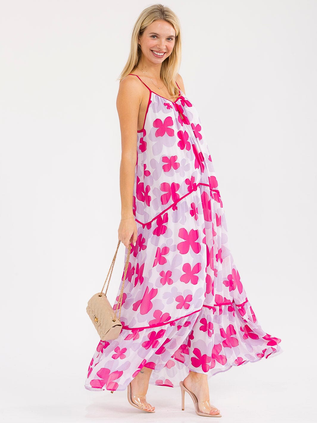 WOMEN'S SLEEVELESS OPEN BACK TIERED FLORAL PRINT MAXI DRESS