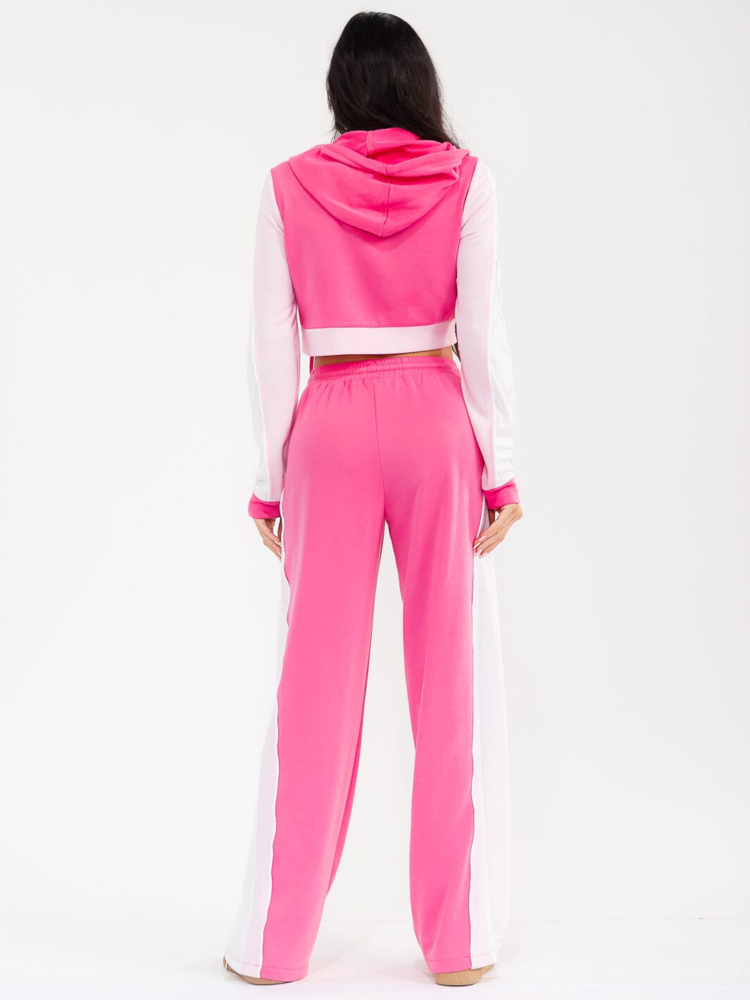 WOMEN'S HOODED CROP SWEATER & ELASTIC WAIST PANTS CONTRAST COLORBLOCK 2PC. SET