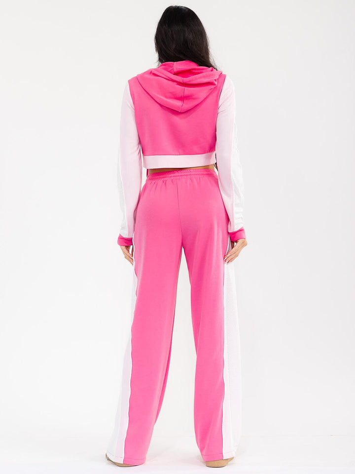 WOMEN'S HOODED CROP SWEATER & ELASTIC WAIST PANTS CONTRAST COLORBLOCK 2PC. SET