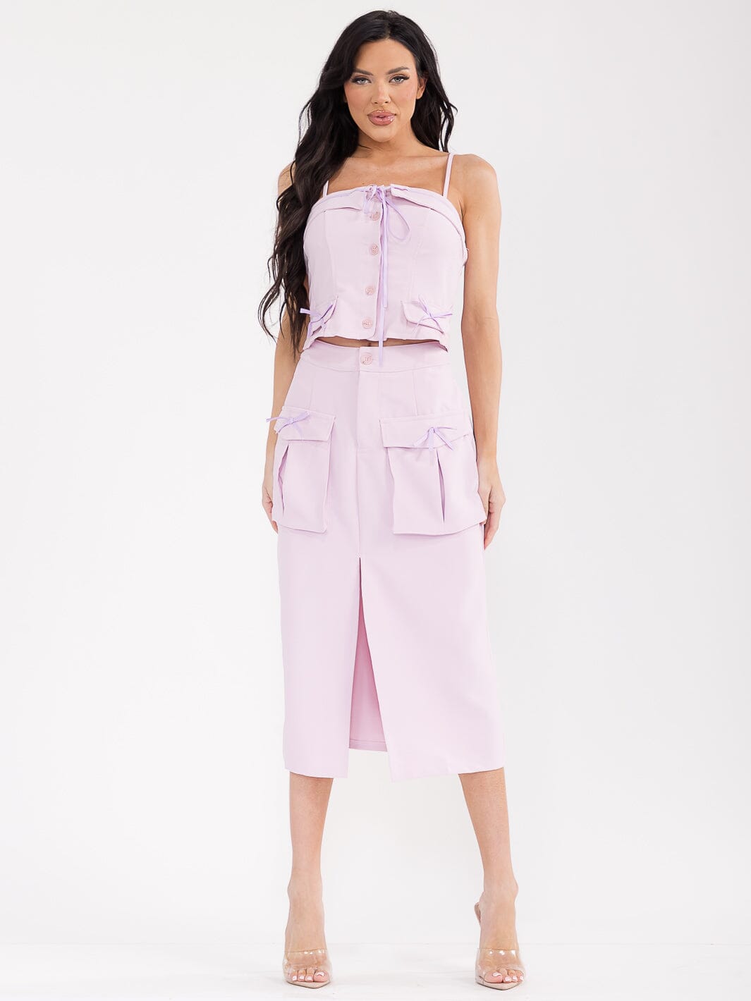 WOMEN'S SLEEVELESS TOP & BUTTON CLOSURE MIDI SKIRT SOLID BOWS 2PC. SET