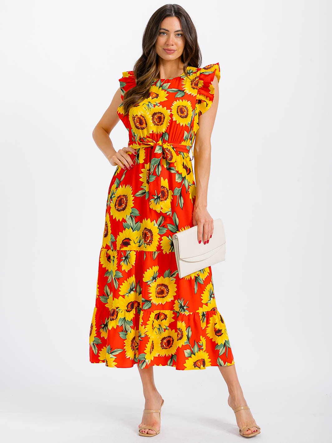 WOMEN'S SHORT RUFFLE SLEEVE ELASTIC WAIST FRONT POCKETS FLORAL MAXI DRESS