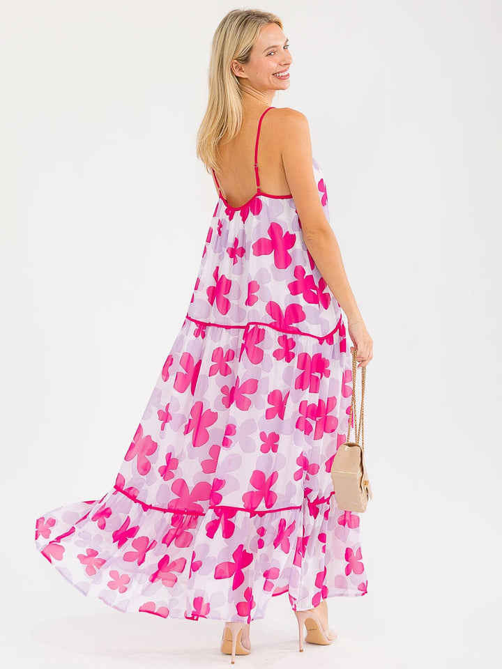 WOMEN'S SLEEVELESS OPEN BACK TIERED FLORAL PRINT MAXI DRESS