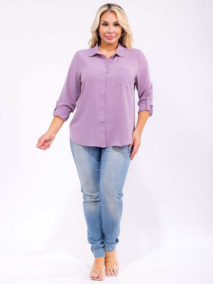 PLUS SIZE LONG SLEEVE BUTTON UP FRONT POCKET HIGH-LOW BLOUSE