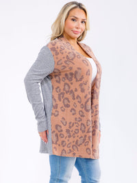 PLUS SIZE LONG SLEEVE POCKETS OPEN FRONT ANIMAL PRINT CARDIGAN