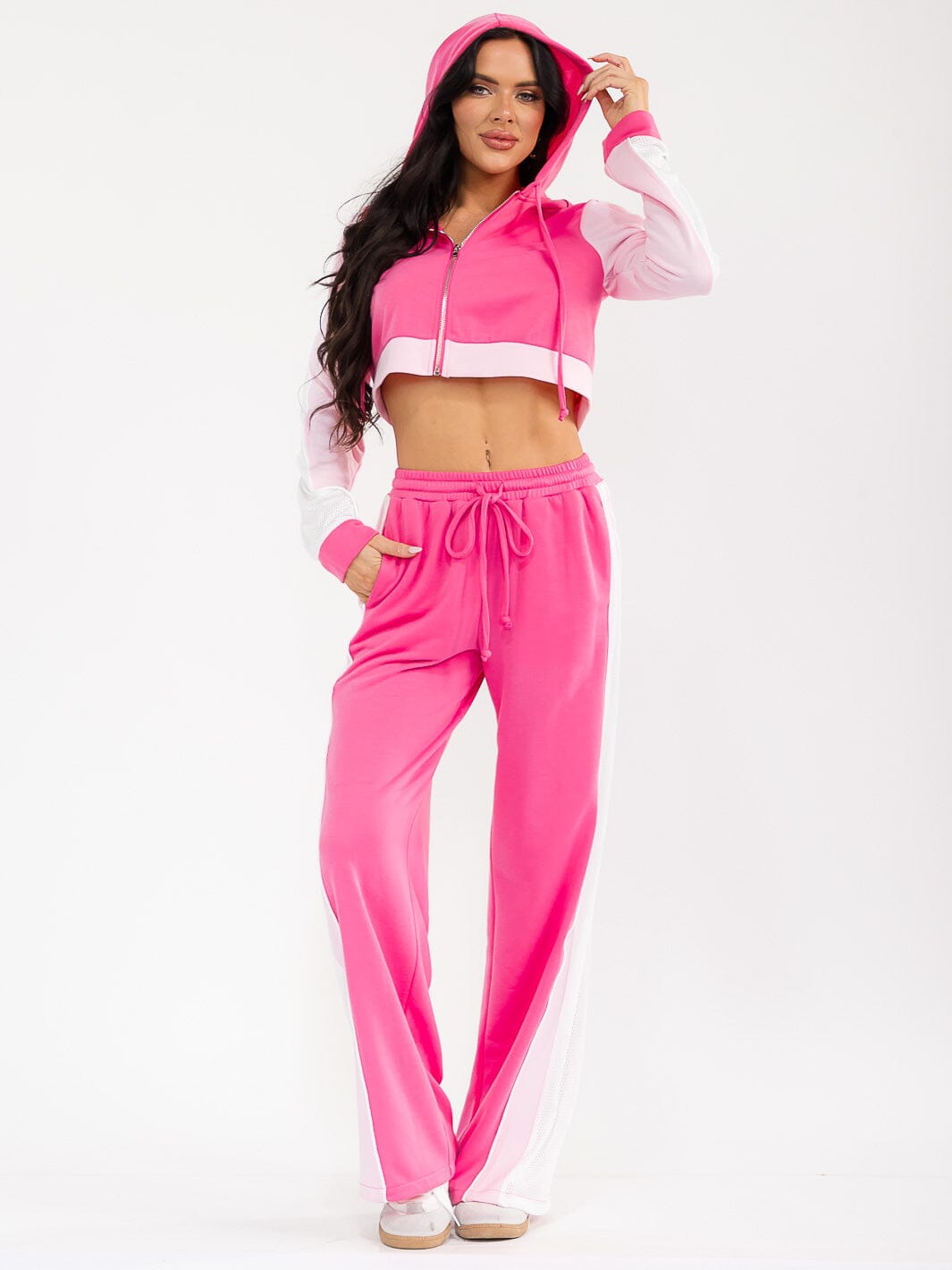 WOMEN'S HOODED CROP SWEATER & ELASTIC WAIST PANTS CONTRAST COLORBLOCK 2PC. SET