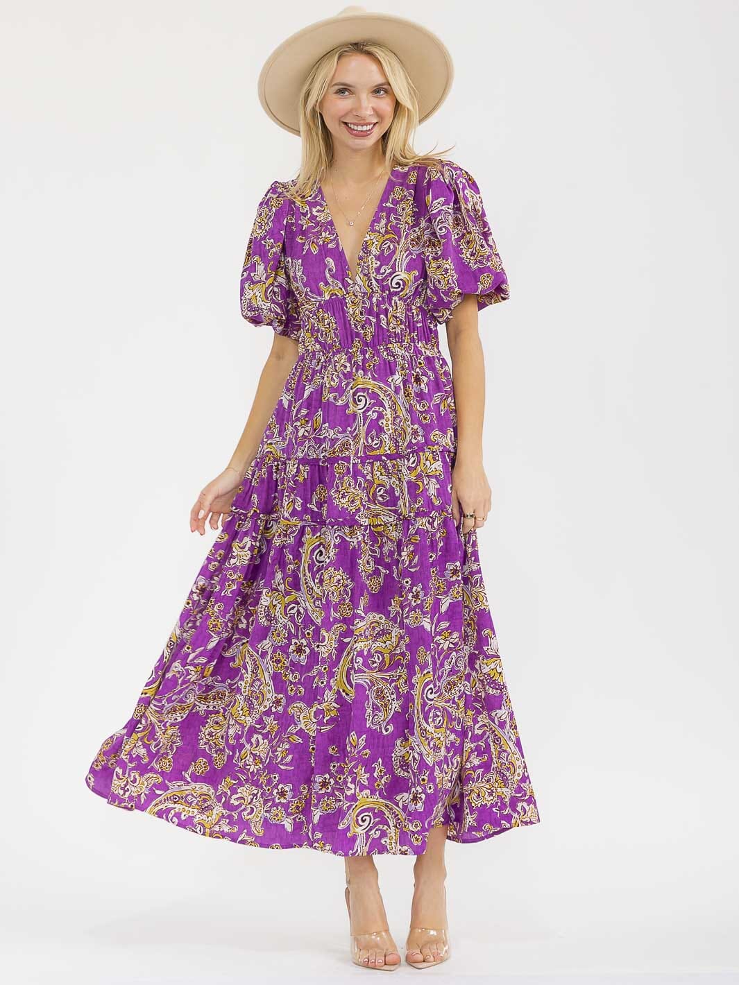 WOMEN'S SHORT PUFF SLEEVES V-NECK TIERED PAISLEY PRINT MAXI DRESS