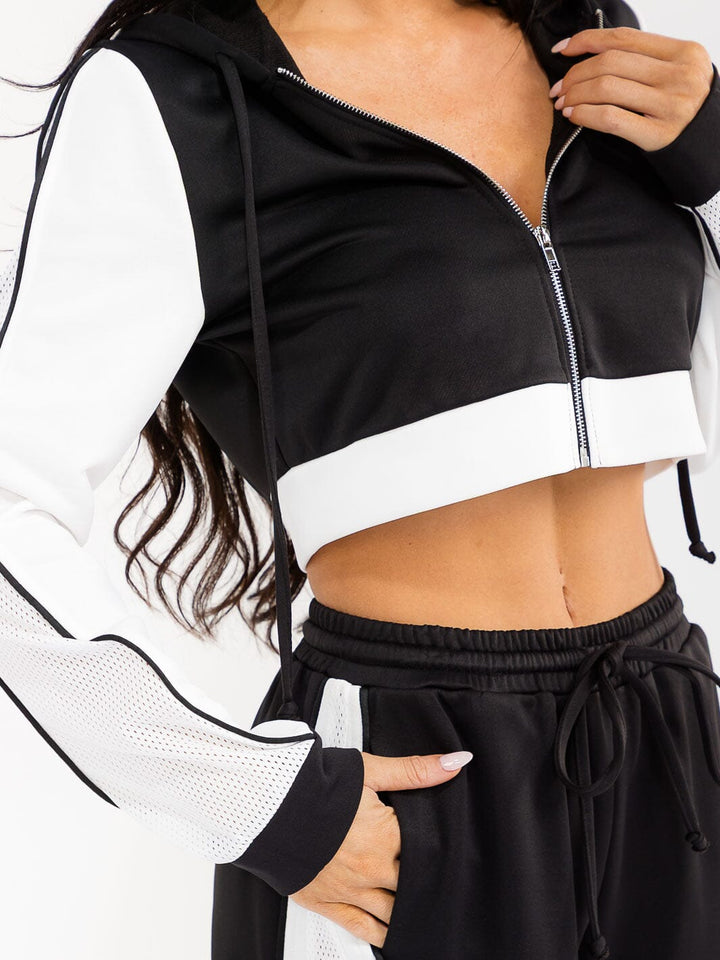 WOMEN'S HOODED CROP SWEATER & ELASTIC WAIST PANTS CONTRAST COLORBLOCK 2PC. SET