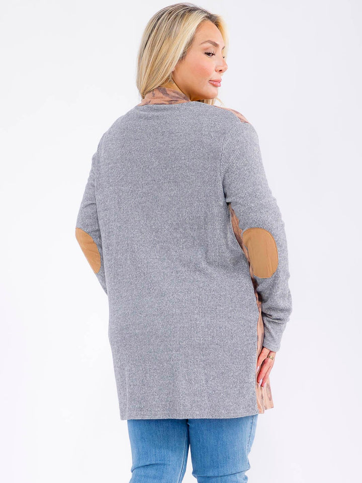 PLUS SIZE LONG SLEEVE POCKETS OPEN FRONT ANIMAL PRINT CARDIGAN