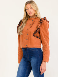 WOMEN'S LONG SLEEVE BUTTON UP RUFFLE EMBROIDERY DETAILED JACKET