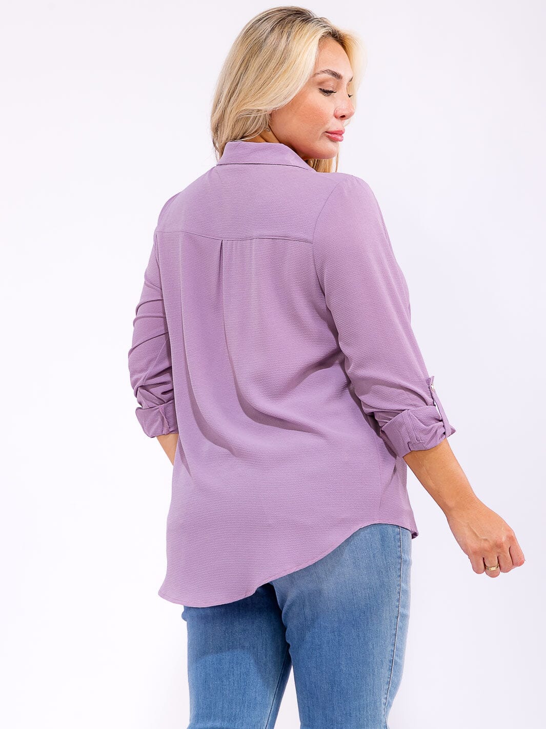 PLUS SIZE LONG SLEEVE BUTTON UP FRONT POCKET HIGH-LOW BLOUSE