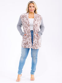 PLUS SIZE LONG SLEEVE POCKETS OPEN FRONT ANIMAL PRINT CARDIGAN