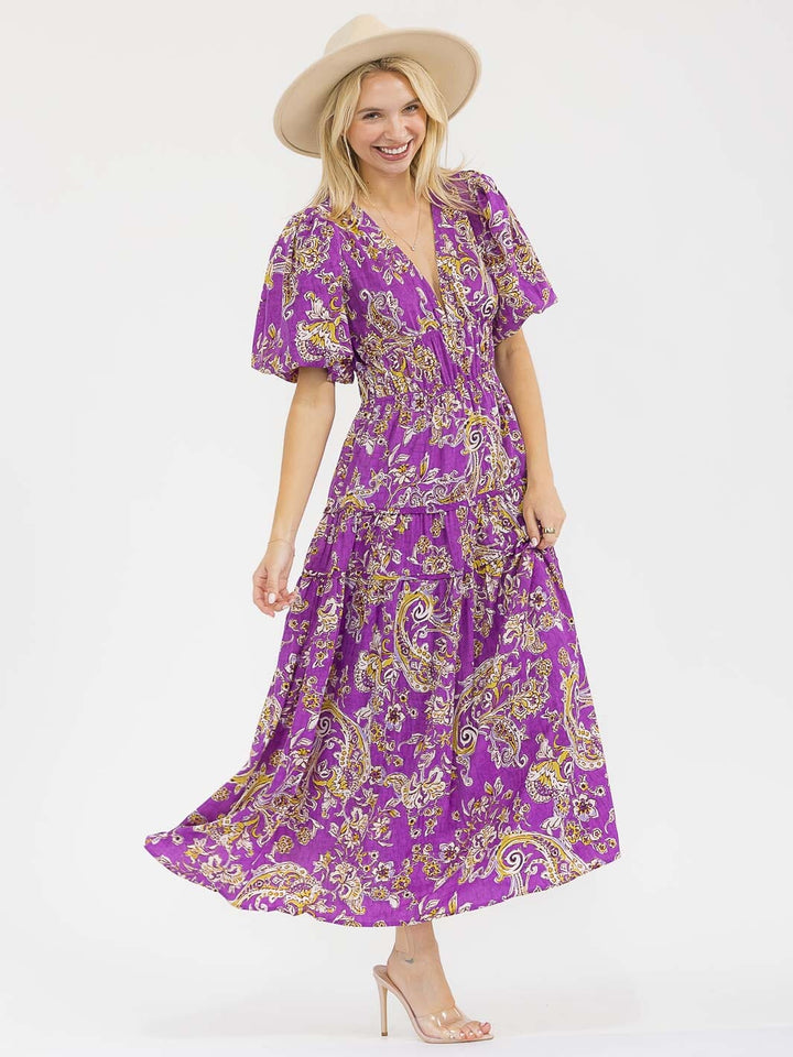 WOMEN'S SHORT PUFF SLEEVES V-NECK TIERED PAISLEY PRINT MAXI DRESS