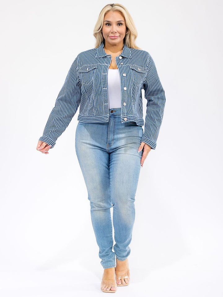 PLUS SIZE LONG SLEEVE BUTTON CLOSURE FRONT POCKETS DENIM STRIPES JACKET