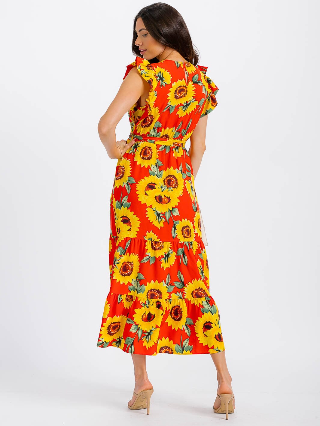 WOMEN'S SHORT RUFFLE SLEEVE ELASTIC WAIST FRONT POCKETS FLORAL MAXI DRESS