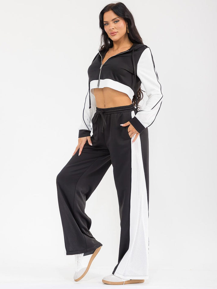 WOMEN'S HOODED CROP SWEATER & ELASTIC WAIST PANTS CONTRAST COLORBLOCK 2PC. SET