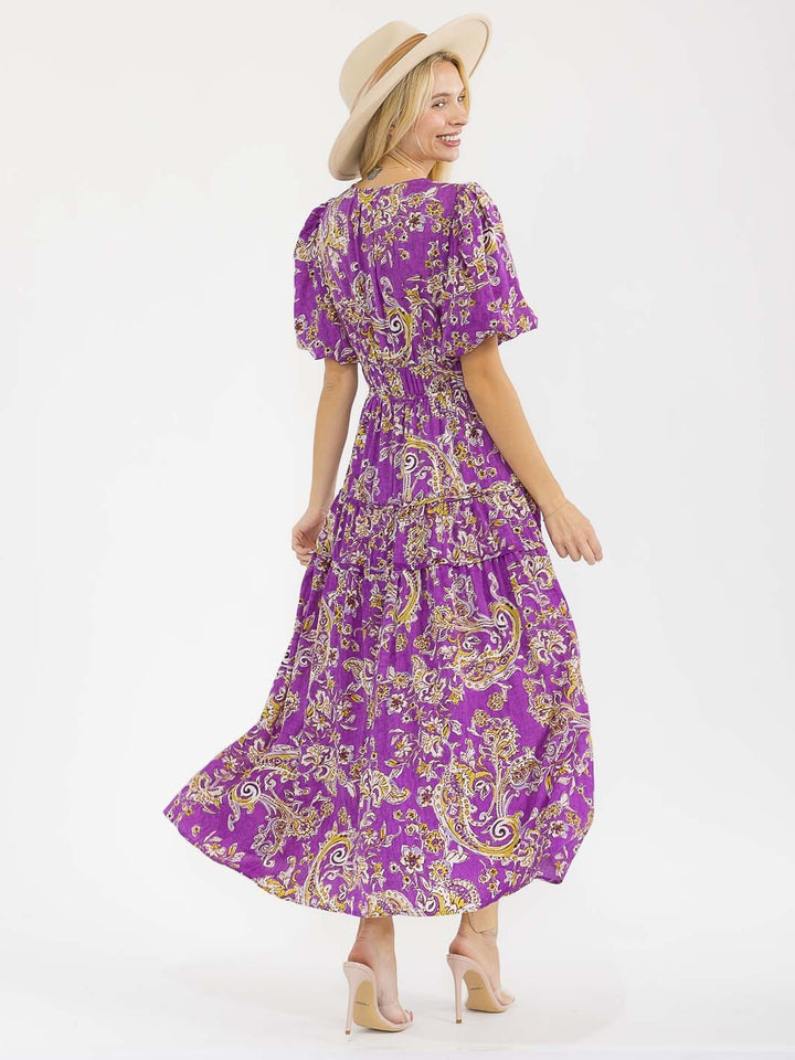 WOMEN'S SHORT PUFF SLEEVES V-NECK TIERED PAISLEY PRINT MAXI DRESS
