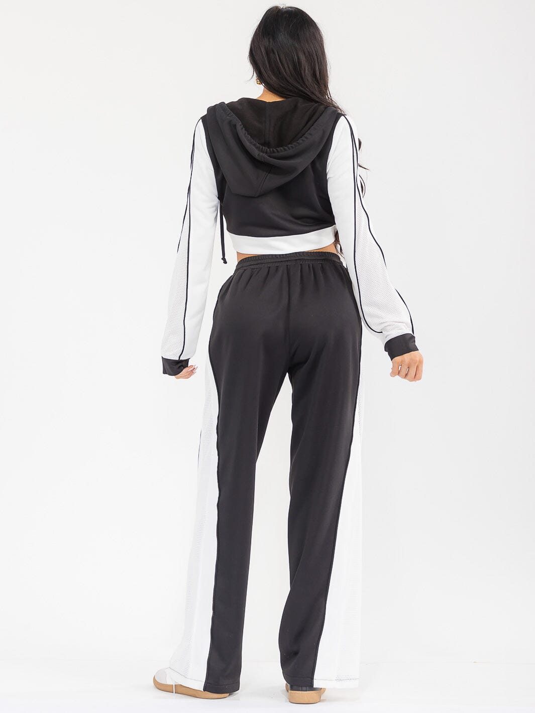 WOMEN'S HOODED CROP SWEATER & ELASTIC WAIST PANTS CONTRAST COLORBLOCK 2PC. SET