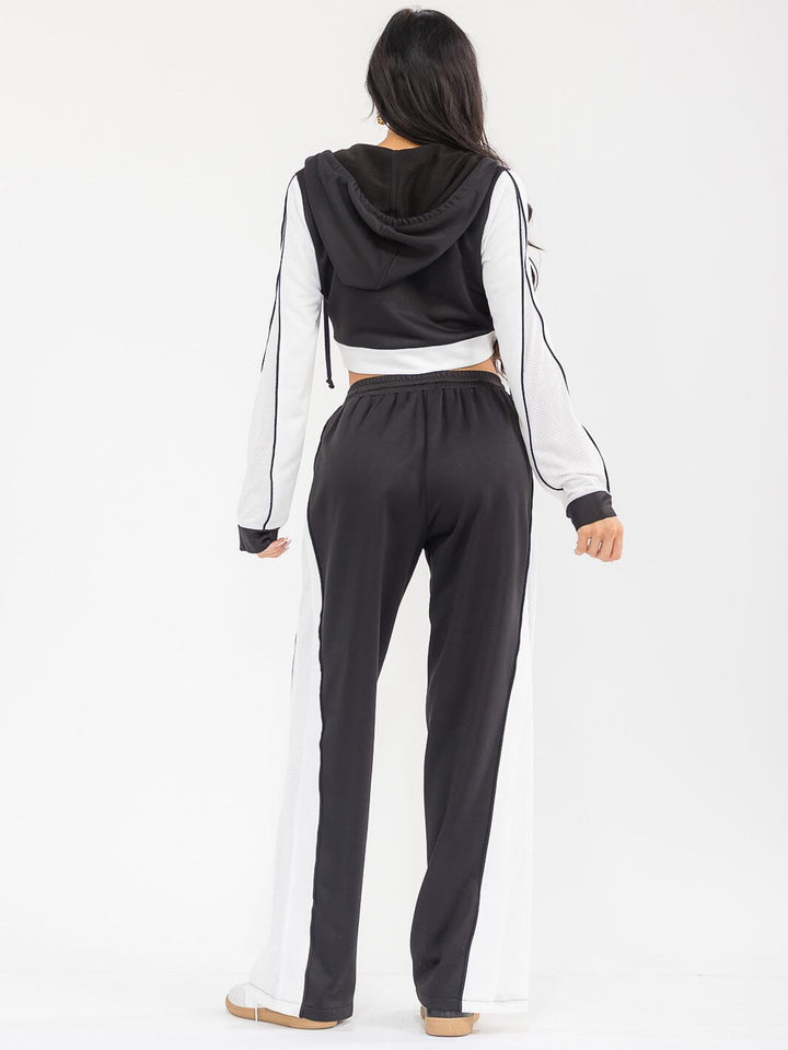 WOMEN'S HOODED CROP SWEATER & ELASTIC WAIST PANTS CONTRAST COLORBLOCK 2PC. SET
