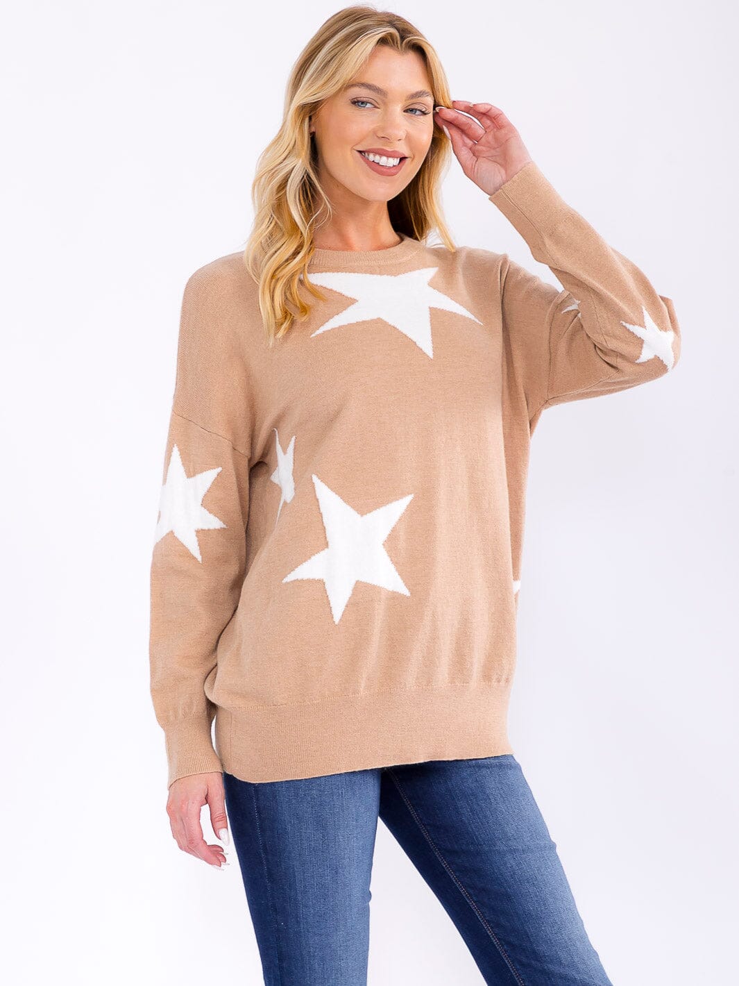 WOMEN'S LONG SLEEVE STARS PRINT PULLOVER SWEATER
