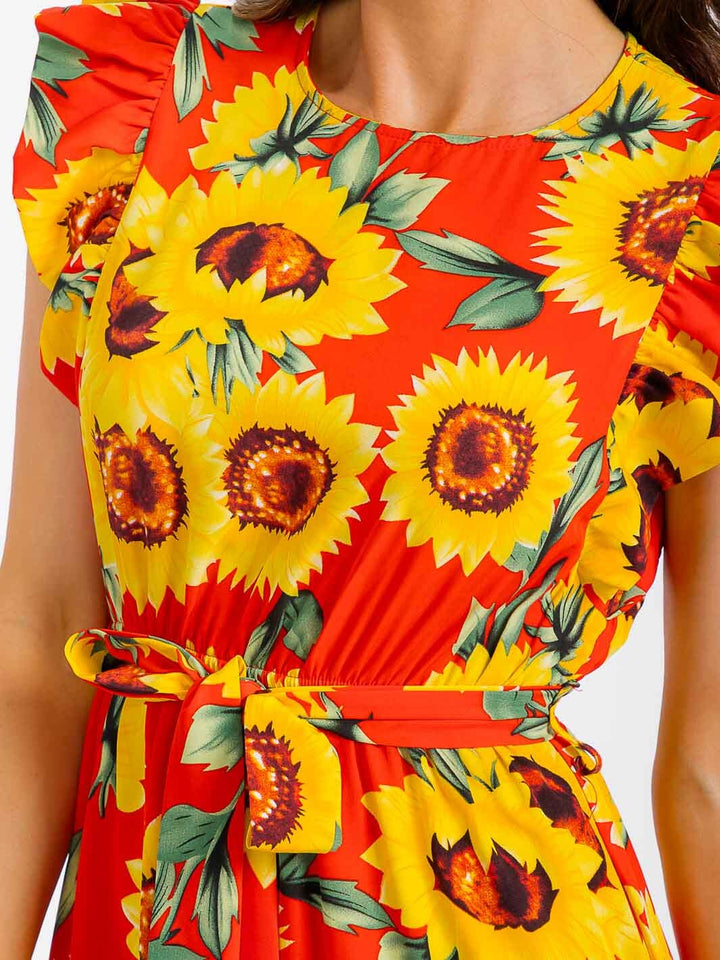WOMEN'S SHORT RUFFLE SLEEVE ELASTIC WAIST FRONT POCKETS FLORAL MAXI DRESS
