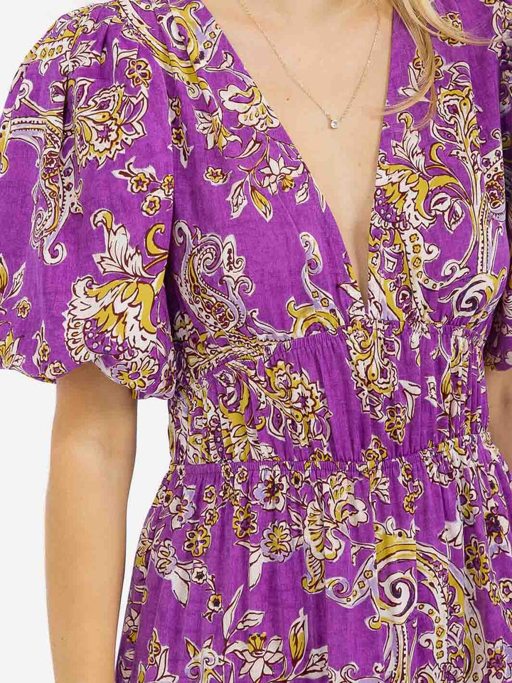 WOMEN'S SHORT PUFF SLEEVES V-NECK TIERED PAISLEY PRINT MAXI DRESS