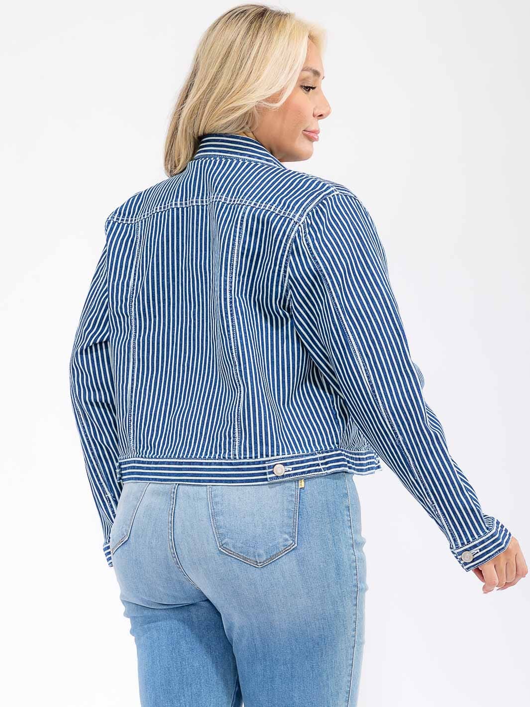 PLUS SIZE LONG SLEEVE BUTTON CLOSURE FRONT POCKETS DENIM STRIPES JACKET