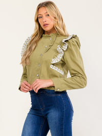 WOMEN'S LONG SLEEVE BUTTON UP RUFFLE EMBROIDERY DETAILED JACKET
