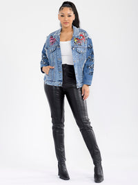 WOMEN'S LONG SLEEVE BUTTON CLOSURE FRONT POCKETS GRAPHIC DENIM JACKET